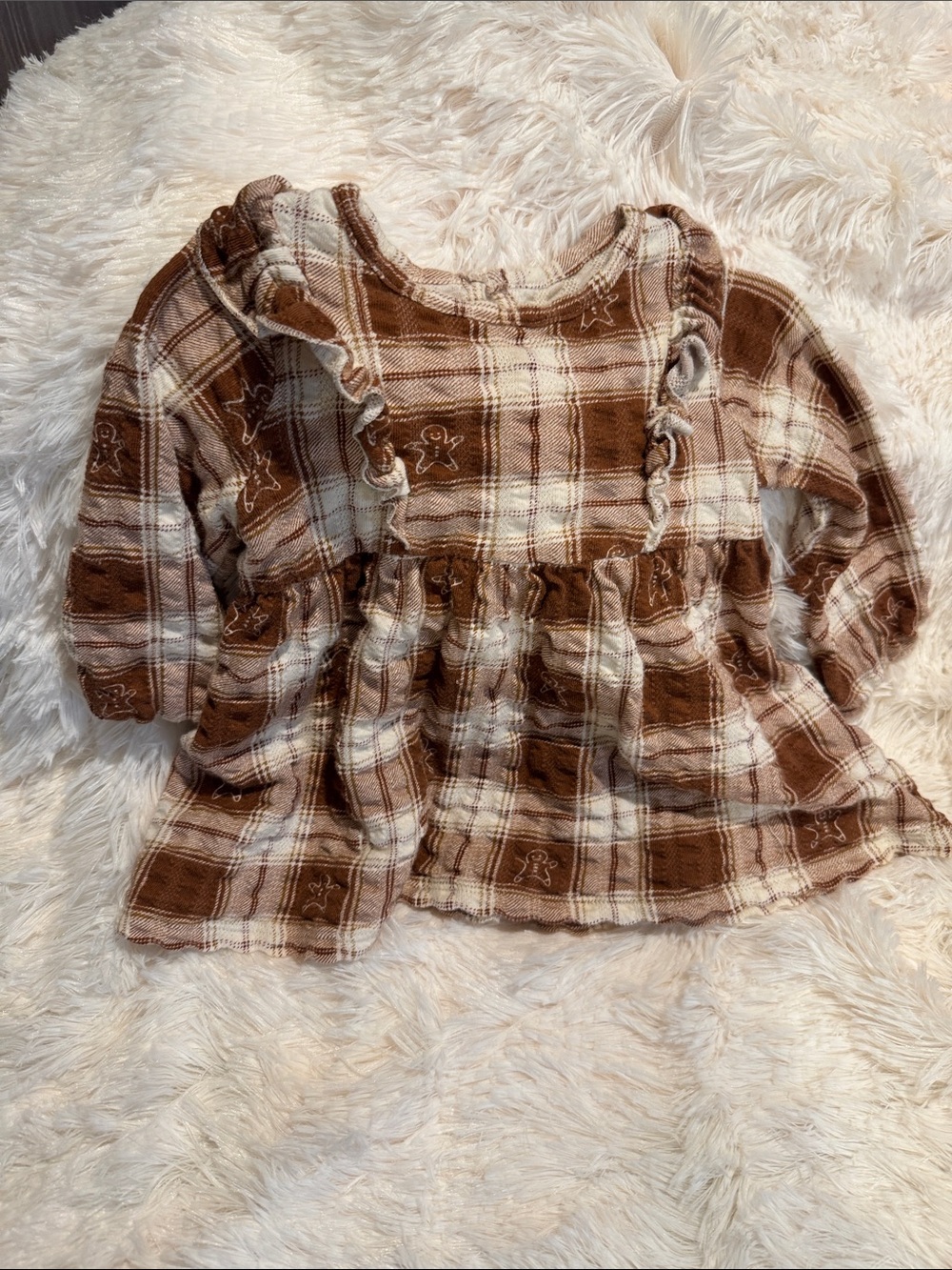 LC Lauren Conrad Brown & Cream Plaid Ruffle Long-Sleeve Dress